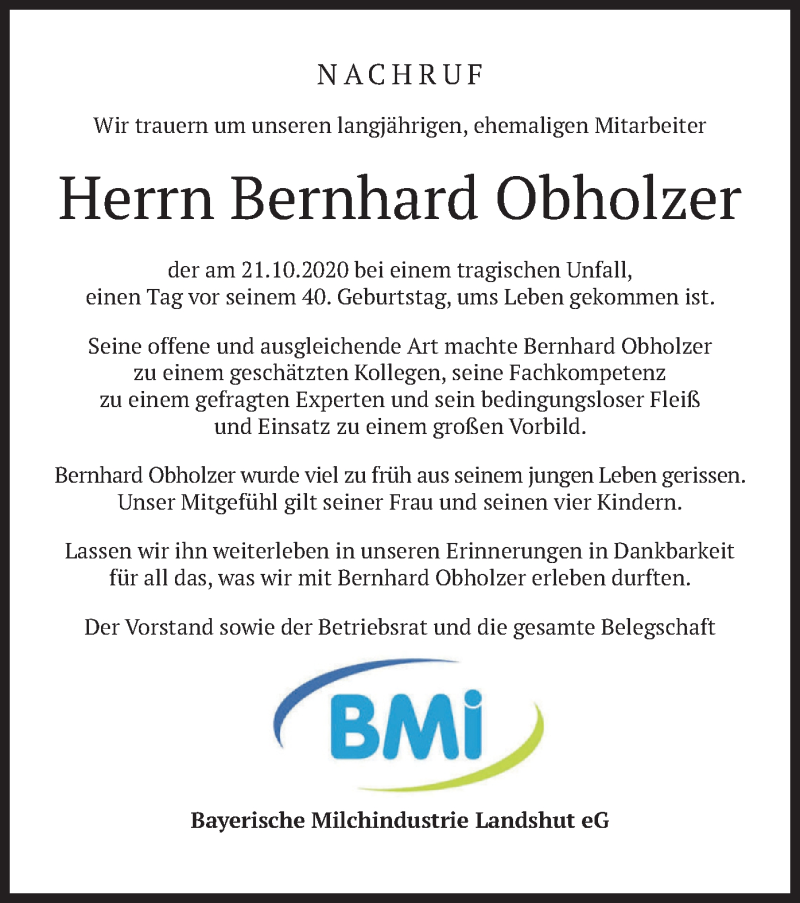  Traueranzeige für Bernhard Obholzer vom 31.10.2020 aus merkurtz