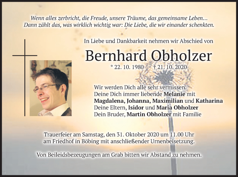  Traueranzeige für Bernhard Obholzer vom 29.10.2020 aus merkurtz