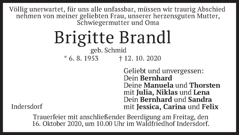 Traueranzeige für Brigitte Brandl vom 14.10.2020 aus merkurtz