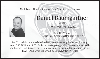 Traueranzeige von Daniel Baumgärtner von merkurtz