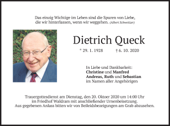 Traueranzeige von Dietrich Oueck von merkurtz