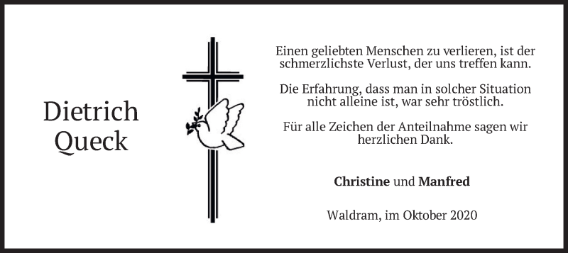  Traueranzeige für Dietrich Queck vom 24.10.2020 aus merkurtz