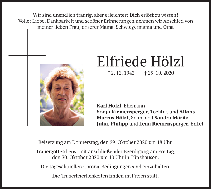  Traueranzeige für Elfriede Hölzl vom 28.10.2020 aus merkurtz