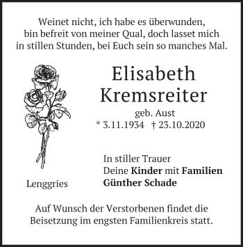 Traueranzeige von Elisabeth Kremsreiter von merkurtz