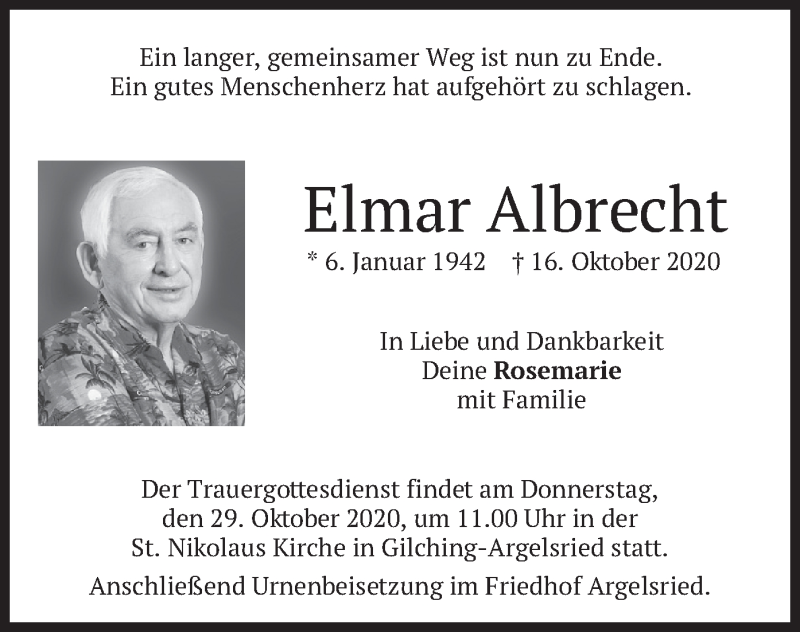  Traueranzeige für Elmar Albrecht vom 24.10.2020 aus merkurtz