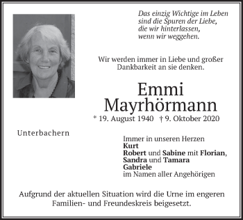 Traueranzeige von Emmi Mayrhörmann