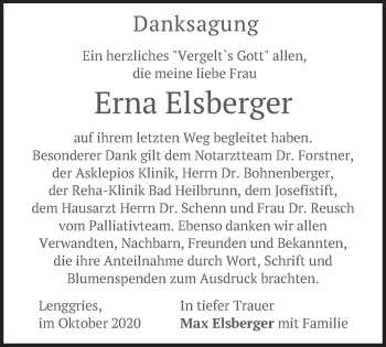 Traueranzeige von Erna Elsberger von merkurtz