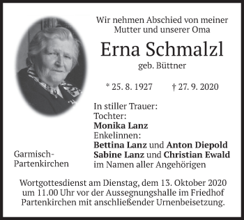 Traueranzeige von Erna Schmalzl von merkurtz
