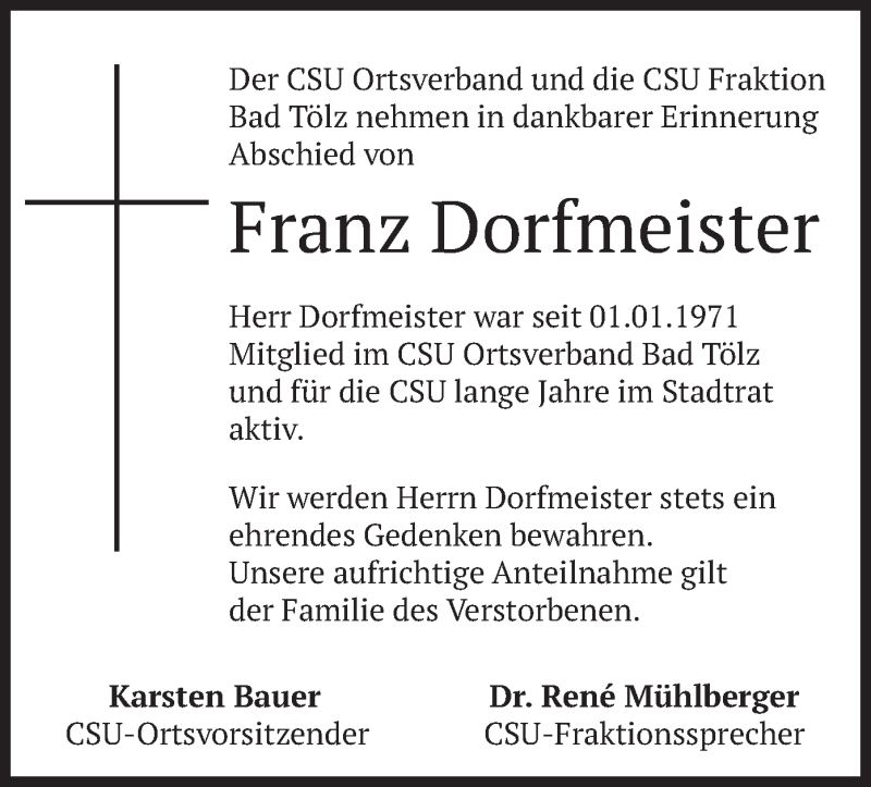  Traueranzeige für Franz Dorfmeister vom 13.10.2020 aus merkurtz