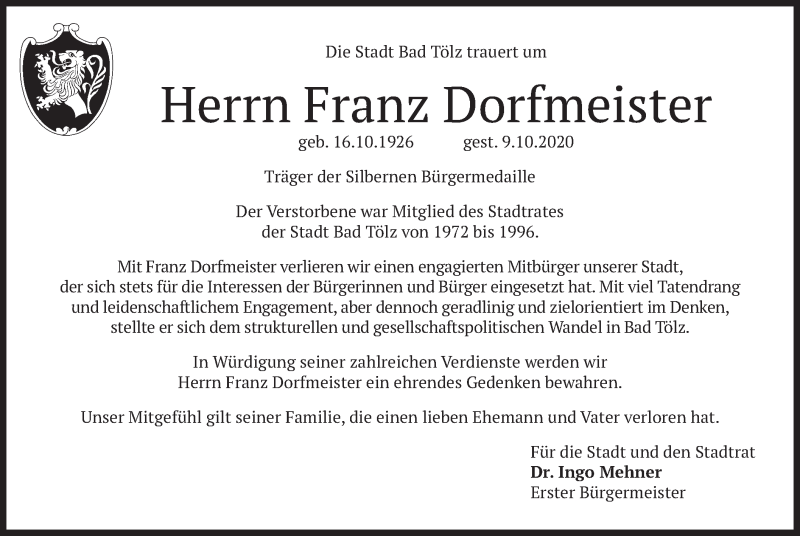  Traueranzeige für Franz Dorfmeister vom 14.10.2020 aus merkurtz