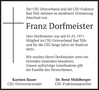Traueranzeige von Franz Dorfmeister von merkurtz