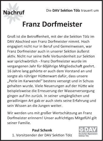 Traueranzeige von Franz Dorfmeister von merkurtz