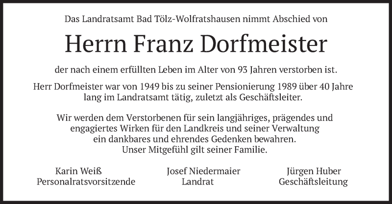  Traueranzeige für Franz Dorfmeister vom 15.10.2020 aus merkurtz