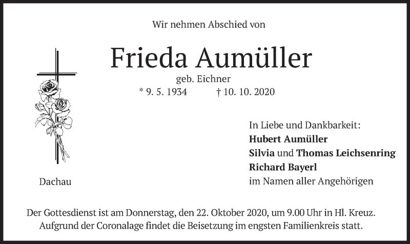  Traueranzeige für Frieda Aumüller vom 17.10.2020 aus merkurtz