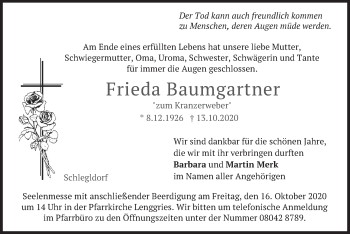 Traueranzeige von Frieda Baumgartner von merkurtz