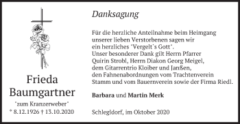 Traueranzeige von Frieda Baumgartner von merkurtz