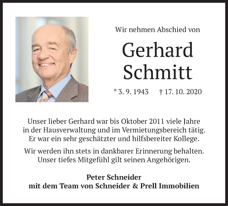  Traueranzeige für Gerhard Schmitt vom 27.10.2020 aus merkurtz