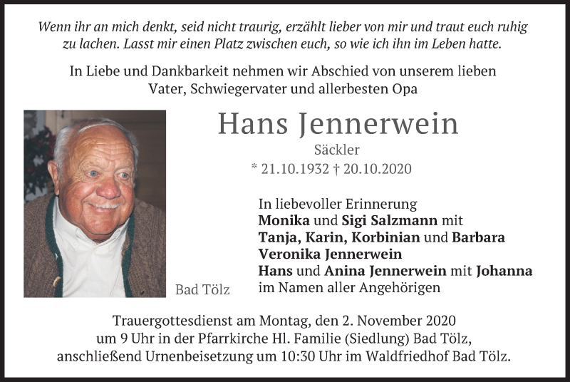  Traueranzeige für Hans Jennerwein vom 29.10.2020 aus merkurtz