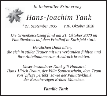 Traueranzeige von Hans-Joachim Tank