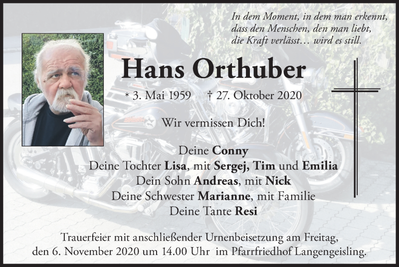  Traueranzeige für Hans Orthuber vom 31.10.2020 aus merkurtz