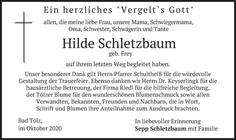  Traueranzeige für Hilde Schletzbaum vom 10.10.2020 aus merkurtz