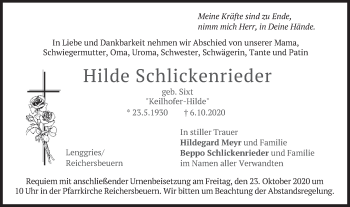 Traueranzeige von Hilde Schlickenrieder von merkurtz