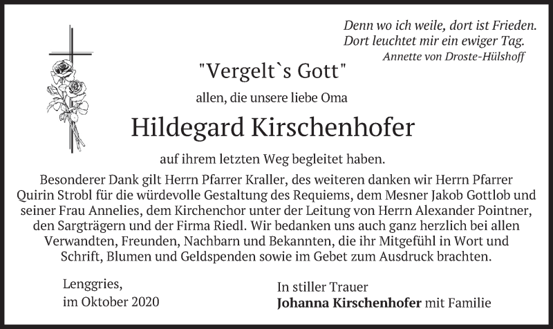  Traueranzeige für Hildegard Kirschenhofer vom 24.10.2020 aus merkurtz