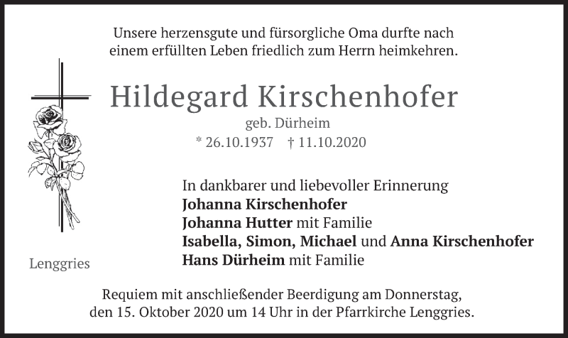  Traueranzeige für Hildegard Kirschenhofer vom 14.10.2020 aus merkurtz