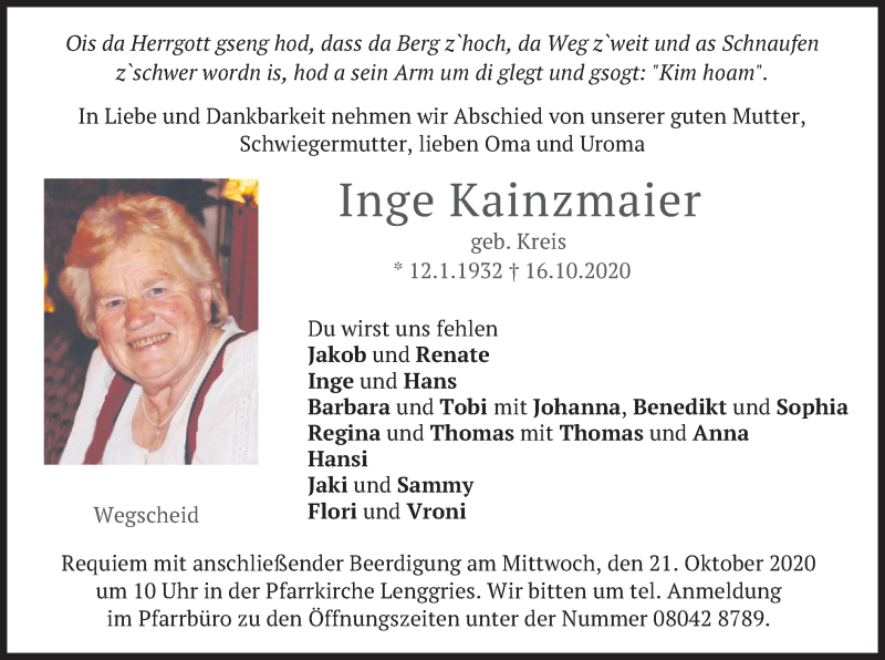  Traueranzeige für Inge Kainzmaier vom 20.10.2020 aus merkurtz