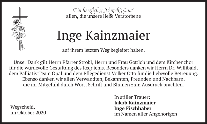  Traueranzeige für Inge Kainzmaier vom 30.10.2020 aus merkurtz