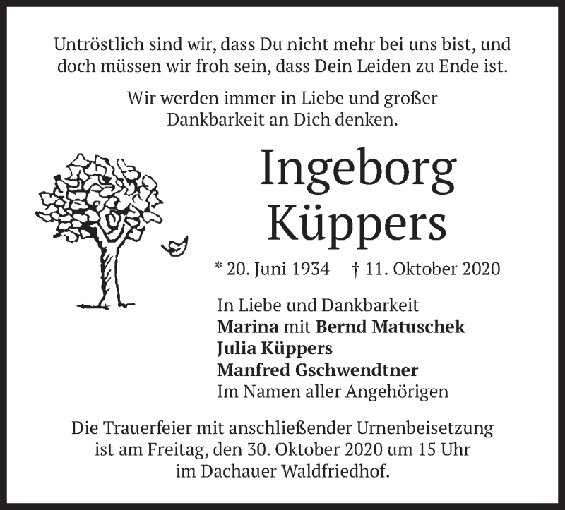  Traueranzeige für Ingeborg Küppers vom 21.10.2020 aus merkurtz