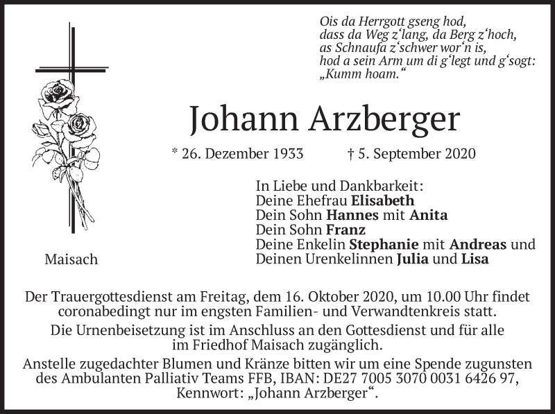  Traueranzeige für Johann Arzberger vom 10.10.2020 aus merkurtz