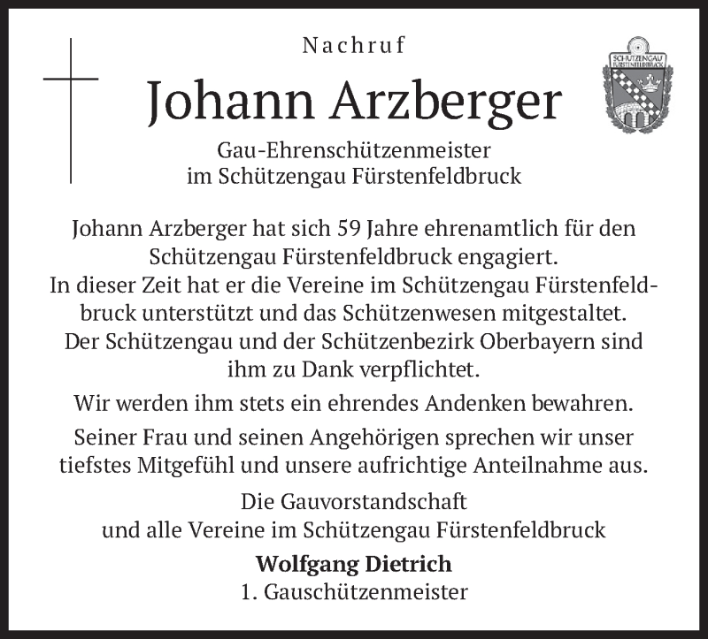  Traueranzeige für Johann Arzberger vom 10.10.2020 aus merkurtz