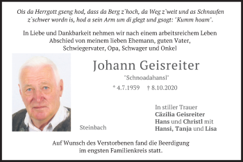 Traueranzeige von Johann Geisreiter von merkurtz