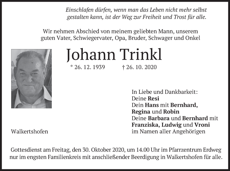  Traueranzeige für Johann Trinkl vom 28.10.2020 aus merkurtz