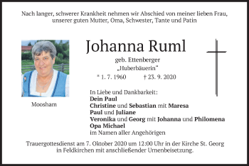 Traueranzeige von Johanna Ruml von merkurtz