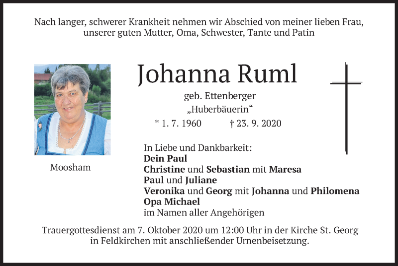  Traueranzeige für Johanna Ruml vom 02.10.2020 aus merkurtz