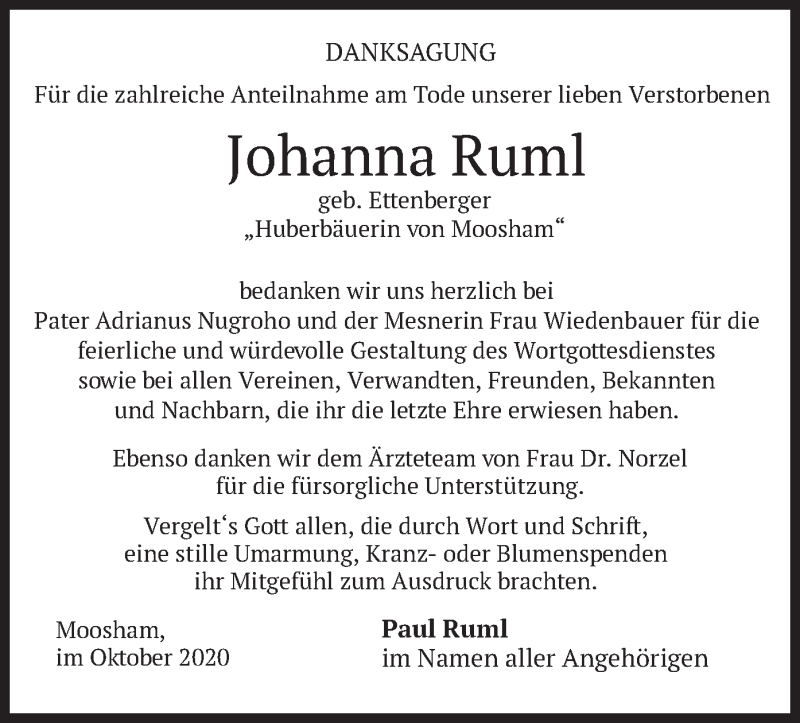  Traueranzeige für Johanna Ruml vom 17.10.2020 aus merkurtz