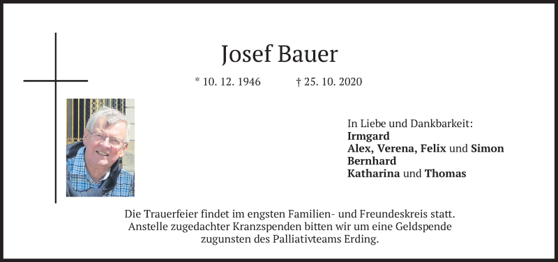  Traueranzeige für Josef Bauer vom 28.10.2020 aus merkurtz