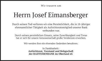 Traueranzeige von Josef Eimansberger von merkurtz