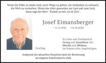 Traueranzeige von Josef Eimansberger von merkurtz