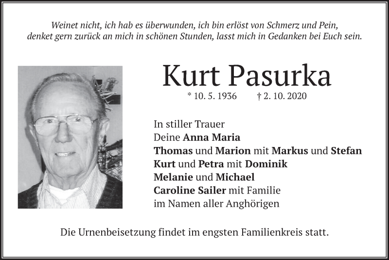  Traueranzeige für Kurt Pasurka vom 10.10.2020 aus merkurtz