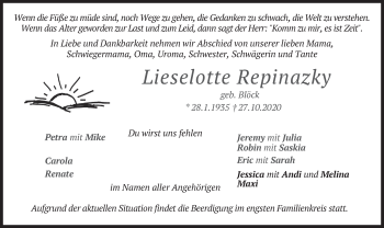Traueranzeige von Lieselotte Repinazky von merkurtz