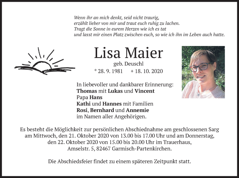  Traueranzeige für Lisa Maier vom 20.10.2020 aus merkurtz