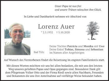 Traueranzeige von Lorenz Auer von merkurtz