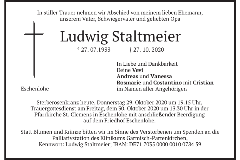  Traueranzeige für Ludwig Staltmeier vom 29.10.2020 aus merkurtz