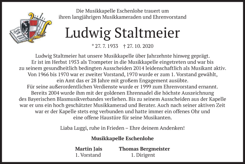  Traueranzeige für Ludwig Staltmeier vom 31.10.2020 aus merkurtz