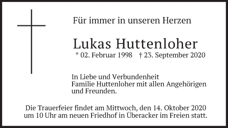  Traueranzeige für Lukas  Huttenloher vom 02.10.2020 aus merkurtz
