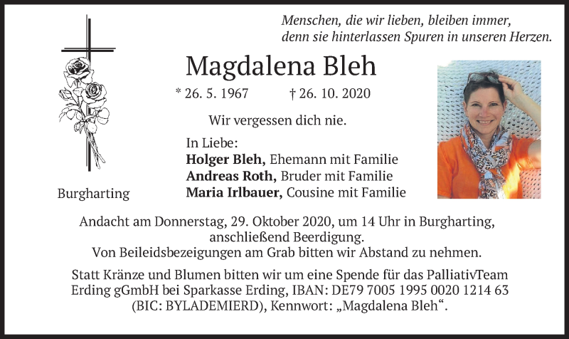  Traueranzeige für Magdalena Bleh vom 28.10.2020 aus merkurtz