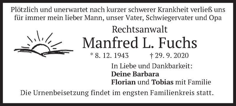  Traueranzeige für Manfred L. Fuchs vom 02.10.2020 aus merkurtz